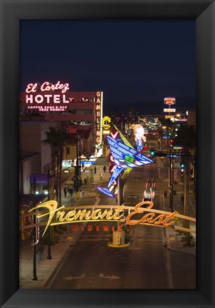 Framed Neon casino signs lit up at dusk, El Cortez, Fremont Street, The Strip, Las Vegas, Nevada, USA Print