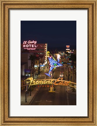 Framed Neon casino signs lit up at dusk, El Cortez, Fremont Street, The Strip, Las Vegas, Nevada, USA Print
