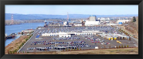 Framed High angle view of large parking lots, Willamette River, Portland, Multnomah County, Oregon, USA Print