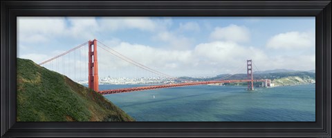 Framed Suspension bridge with a city in the background, Golden Gate Bridge, San Francisco Bay, San Francisco, California, USA Print