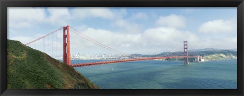 Framed Suspension bridge with a city in the background, Golden Gate Bridge, San Francisco Bay, San Francisco, California, USA Print