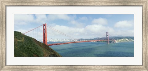 Framed Suspension bridge with a city in the background, Golden Gate Bridge, San Francisco Bay, San Francisco, California, USA Print