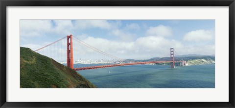 Framed Suspension bridge with a city in the background, Golden Gate Bridge, San Francisco Bay, San Francisco, California, USA Print