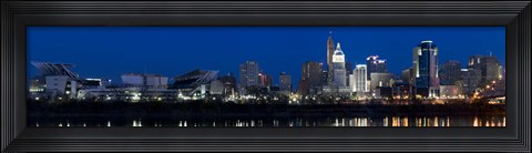 Framed Cincinnati skyline and John A. Roebling Suspension Bridge at twilight from across the Ohio River, Hamilton County, Ohio, USA Print