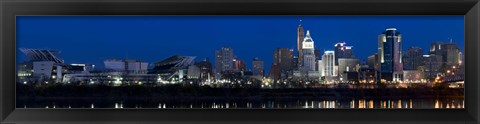 Framed Cincinnati skyline and John A. Roebling Suspension Bridge at twilight from across the Ohio River, Hamilton County, Ohio, USA Print