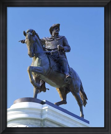 Framed Statue of Sam Houston pointing towards San Jacinto battlefield against blue sky, Hermann Park, Houston, Texas, USA Print