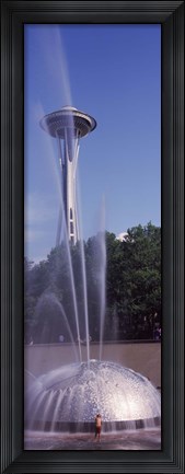 Framed Fountain with a tower in the background, Space Needle, Seattle, King County, Washington State, USA Print