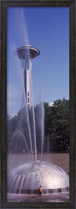 Framed Fountain with a tower in the background, Space Needle, Seattle, King County, Washington State, USA Print
