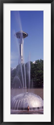 Framed Fountain with a tower in the background, Space Needle, Seattle, King County, Washington State, USA Print