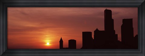 Framed Silhouette of buildings at dusk, Seattle, Washington State Print
