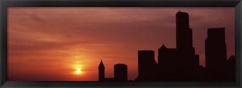 Framed Silhouette of buildings at dusk, Seattle, Washington State Print