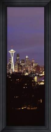 Framed Skyscrapers in a city lit up at night, Space Needle, Seattle, King County, Washington State, USA Print