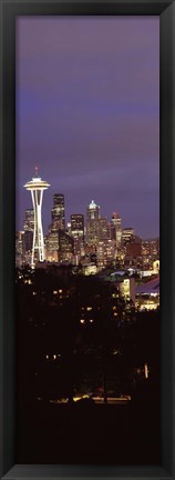 Framed Skyscrapers in a city lit up at night, Space Needle, Seattle, King County, Washington State, USA Print