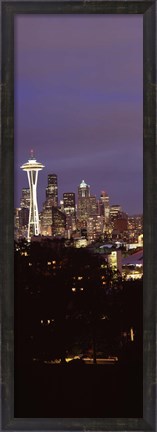 Framed Skyscrapers in a city lit up at night, Space Needle, Seattle, King County, Washington State, USA Print