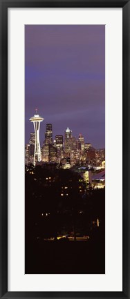 Framed Skyscrapers in a city lit up at night, Space Needle, Seattle, King County, Washington State, USA Print