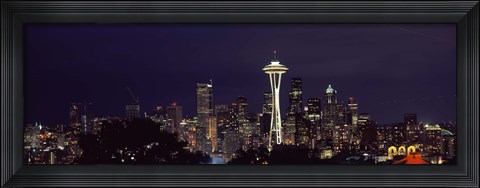 Framed Skyscrapers and Space Needle Lit Up at Night Print