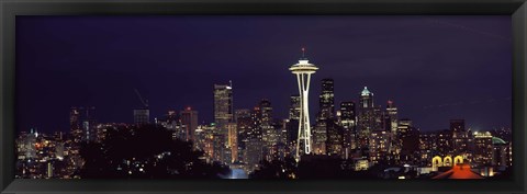 Framed Skyscrapers and Space Needle Lit Up at Night Print