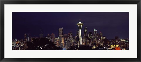 Framed Skyscrapers and Space Needle Lit Up at Night Print