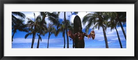 Framed Statue of Duke Kahanamoku, Duke Kahanamoku Statue, Waikiki Beach, Honolulu, Oahu, Hawaii, USA Print