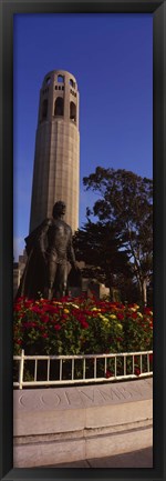 Framed Statue of Christopher Columbus in front of a tower, Coit Tower, Telegraph Hill, San Francisco, California, USA Print