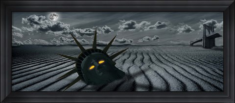 Framed Head of a statue with a broken bridge in the background on a dry river Print