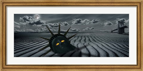 Framed Head of a statue with a broken bridge in the background on a dry river Print