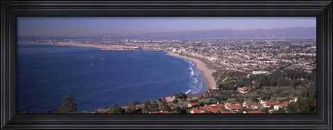 Framed Aerial view of a city at coast, Santa Monica Beach, Beverly Hills, Los Angeles County, California, USA Print