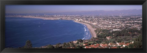 Framed Aerial view of a city at coast, Santa Monica Beach, Beverly Hills, Los Angeles County, California, USA Print