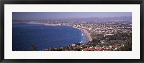 Framed Aerial view of a city at coast, Santa Monica Beach, Beverly Hills, Los Angeles County, California, USA Print