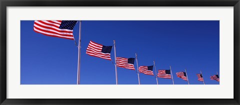 Framed Low angle view of American flags, Washington Monument, Washington DC, USA Print