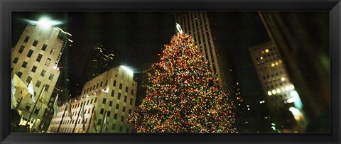 Framed Christmas tree lit up at night, Rockefeller Center, Manhattan, New York State Print