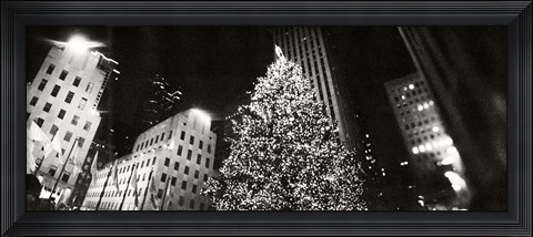 Framed Christmas tree lit up at night, Rockefeller Center, Manhattan (black and white) Print