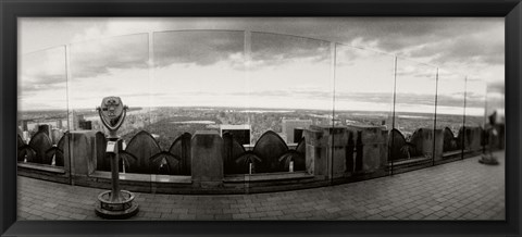 Framed Coin-operated binoculars on the top of a building, Rockefeller Center, Manhattan, New York (black and white) Print