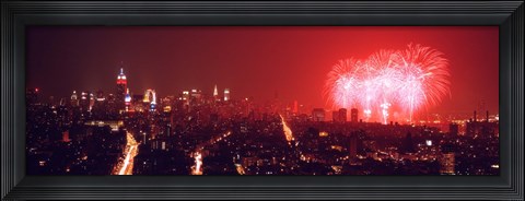 Framed Fireworks display at night over a city, New York City, New York State, USA Print