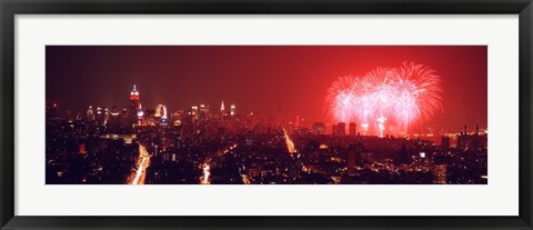 Framed Fireworks display at night over a city, New York City, New York State, USA Print