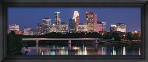 Framed Buildings lit up at night in a city, Minneapolis, Mississippi River, Hennepin County, Minnesota, USA Print