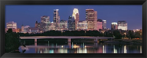 Framed Buildings lit up at night in a city, Minneapolis, Mississippi River, Hennepin County, Minnesota, USA Print