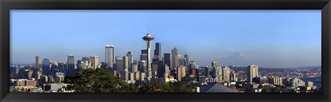 Framed Buildings in a city with mountains in the background, Space Needle, Mt Rainier, Seattle, King County, Washington State, USA 2010 Print