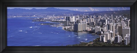 Framed High angle view of a city at waterfront, Honolulu, Oahu, Honolulu County, Hawaii Print