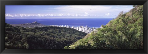 Framed Mountains with city at coast in the background, Honolulu, Oahu, Honolulu County, Hawaii, USA Print