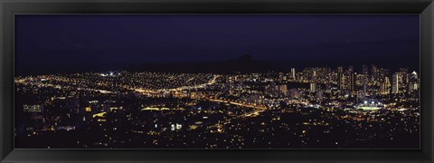 Framed Aerial view of a city lit up at night, Honolulu, Oahu, Honolulu County, Hawaii, USA 2010 Print