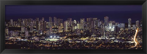 Framed High angle view of a city lit up at night, Honolulu, Oahu, Honolulu County, Hawaii Print