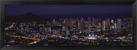 Framed High angle view of a city lit up at night, Honolulu, Oahu, Honolulu County, Hawaii, USA Print