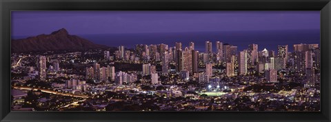 Framed High angle view of a city lit up at dusk, Honolulu, Oahu, Honolulu County, Hawaii Print