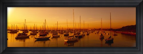 Framed Boats moored at a harbor at dusk, Chicago River, Chicago, Cook County, Illinois, USA Print