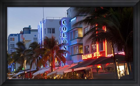 Framed Hotels lit up at dusk in a city, Miami, Miami-Dade County, Florida, USA Print