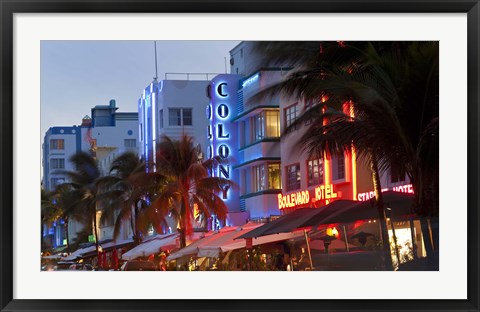 Framed Hotels lit up at dusk in a city, Miami, Miami-Dade County, Florida, USA Print