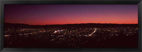 Framed City lit up at dusk (red sky), Silicon Valley, San Jose, California Print