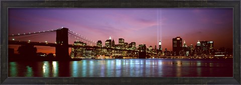 Framed Skyscrapers lit up at night, World Trade Center, Lower Manhattan, Manhattan, New York City, New York State, USA Print