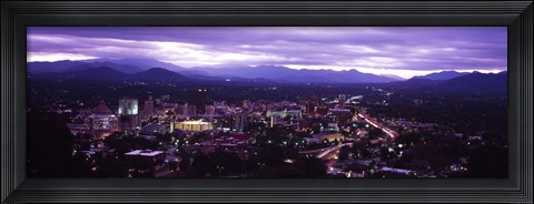 Framed Aerial view of a city lit up at dusk, Asheville, Buncombe County, North Carolina, USA 2011 Print